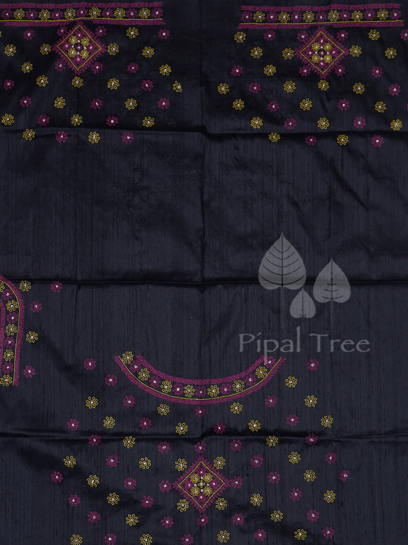 Black Raw Silk With Kutch Embroidery Fabric