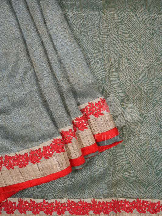 Green Eri Silk With Embroidered Border