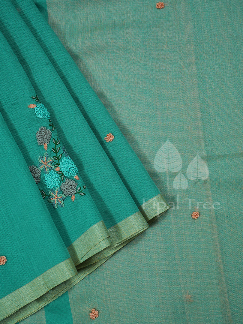 Hand Embroidery On Sea Blue Kota