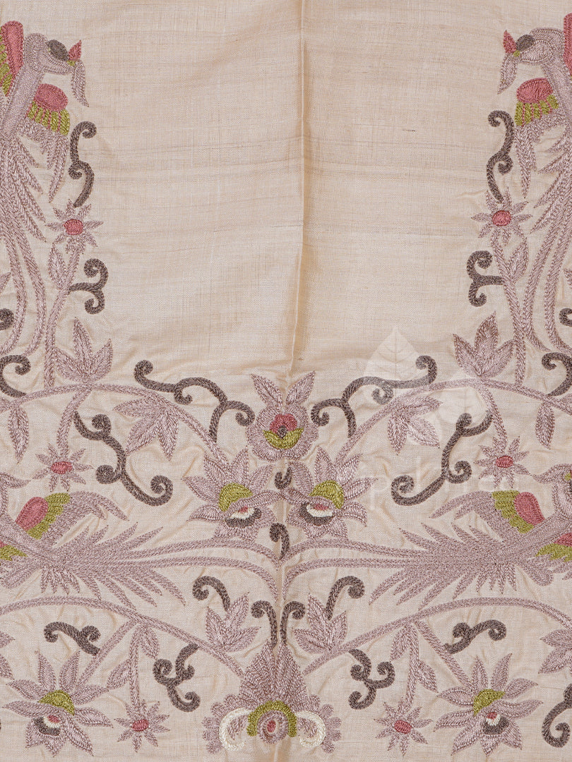 beige tussar parsi embroidery fabric