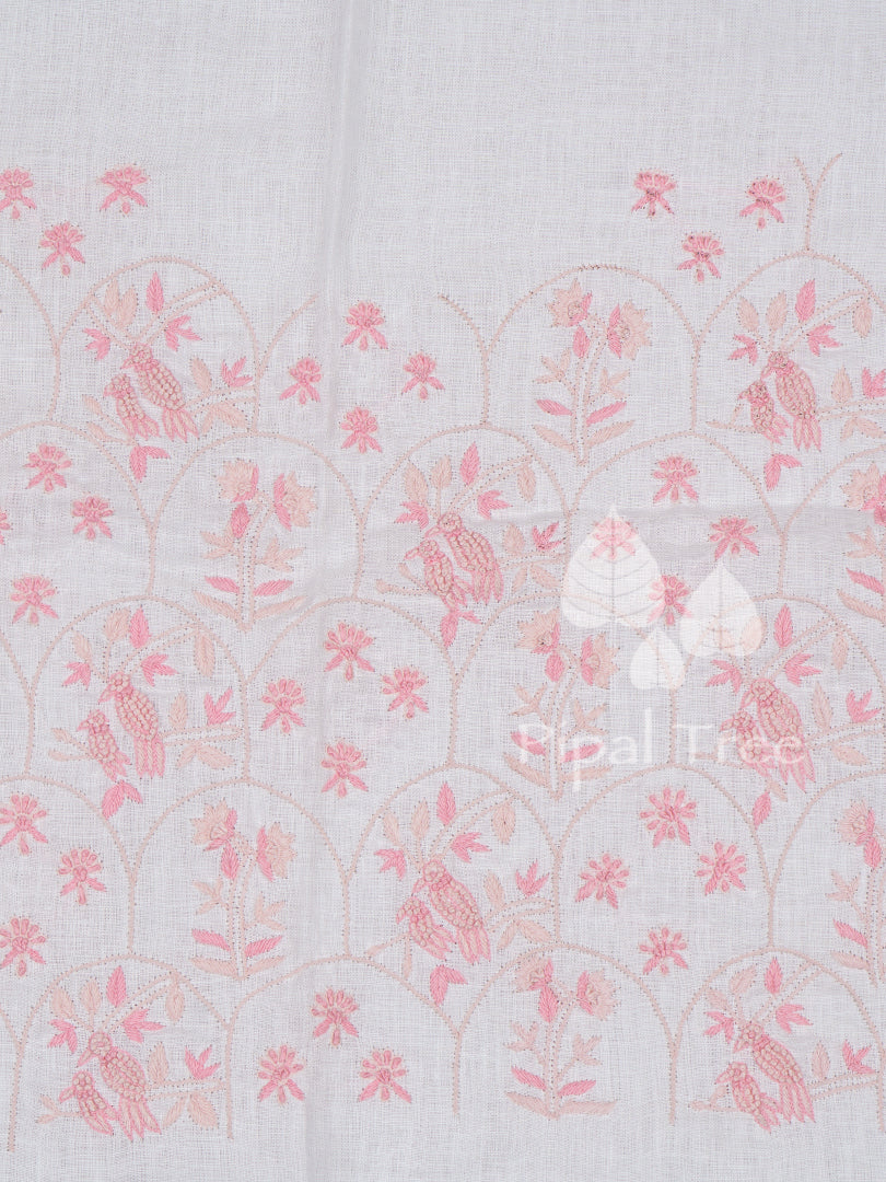white linen pink knot embroidery fabric