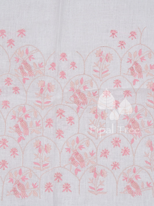 white linen pink knot embroidery fabric