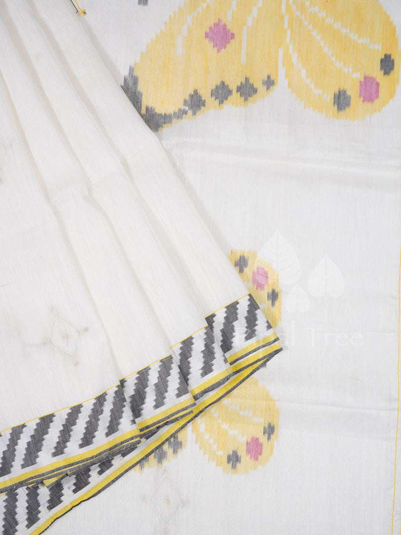White Linen Ikkat With Embroidery
