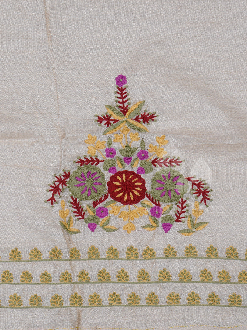 Cream Moonga Tussar With Mirror Embroidery
