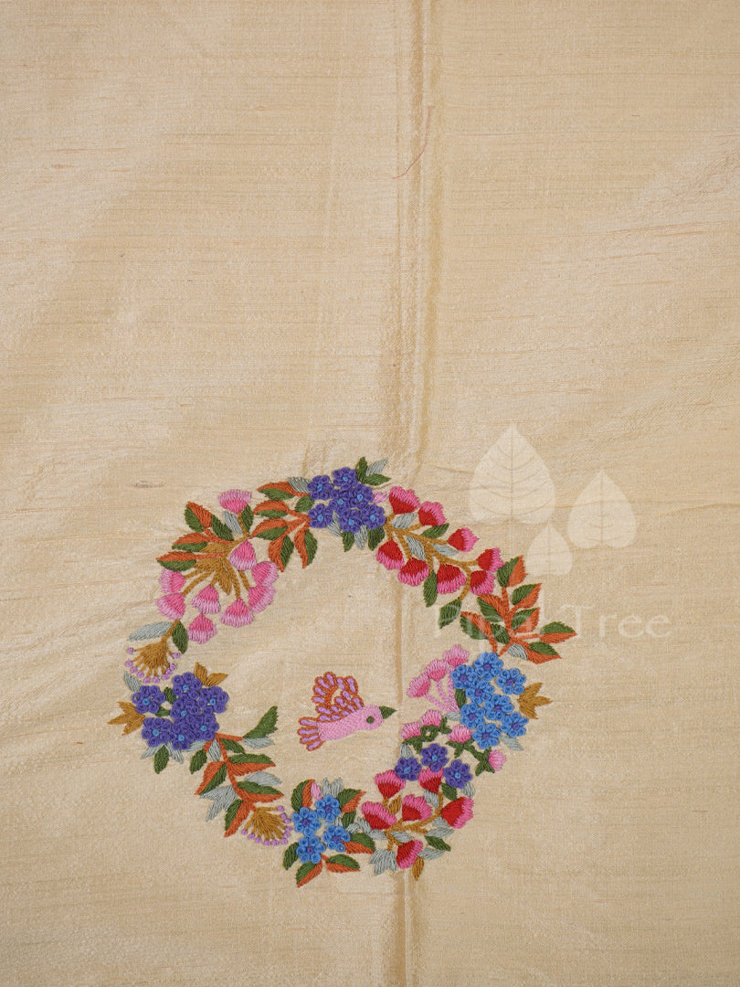 cream raw silk circle motif embroidery fabric