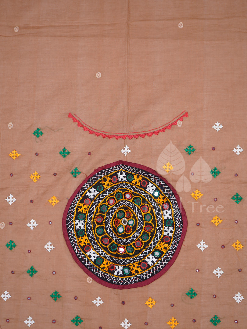 Beige Brown Cotton With Mirror Embroidery Fabric
