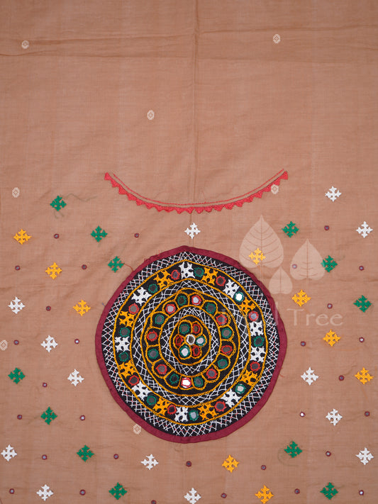Beige Brown Cotton With Mirror Embroidery Fabric