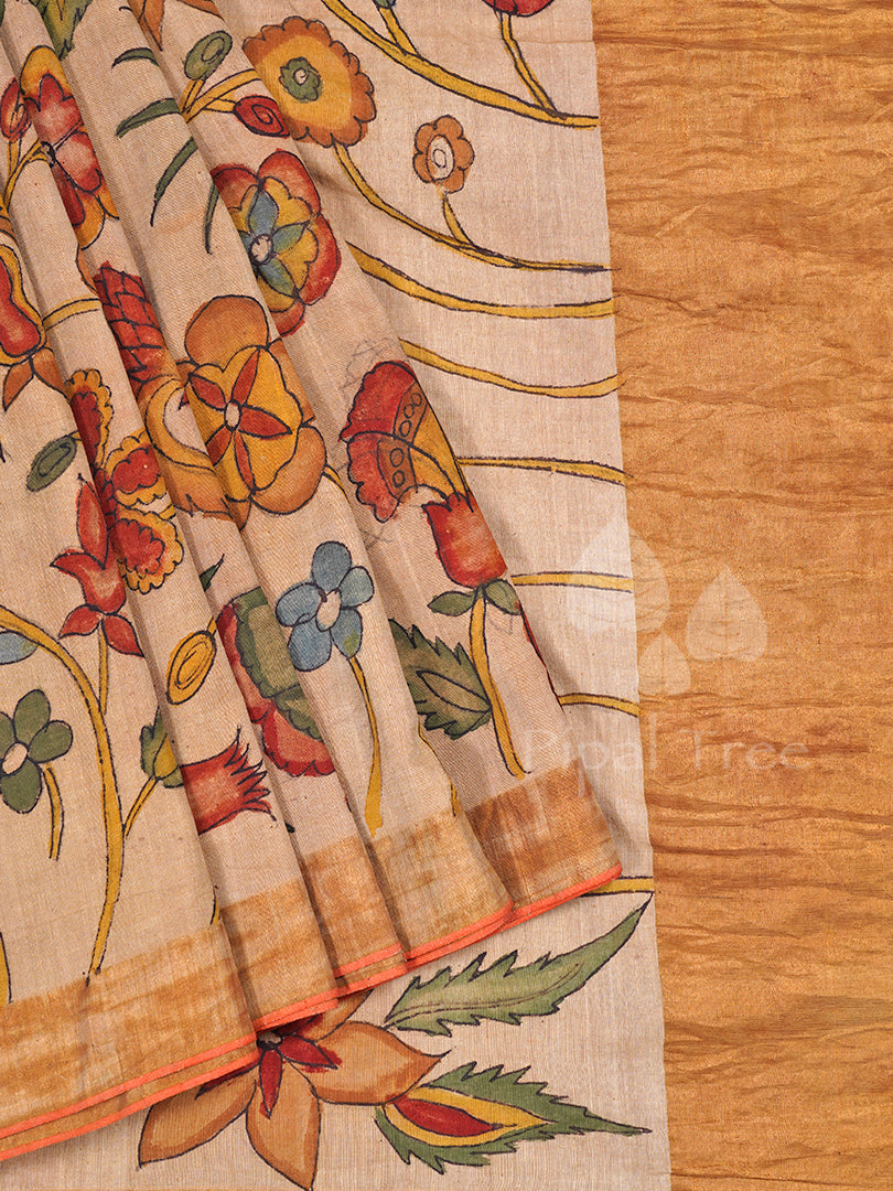 Orange Pen Kalamkari On Khadi Cotton