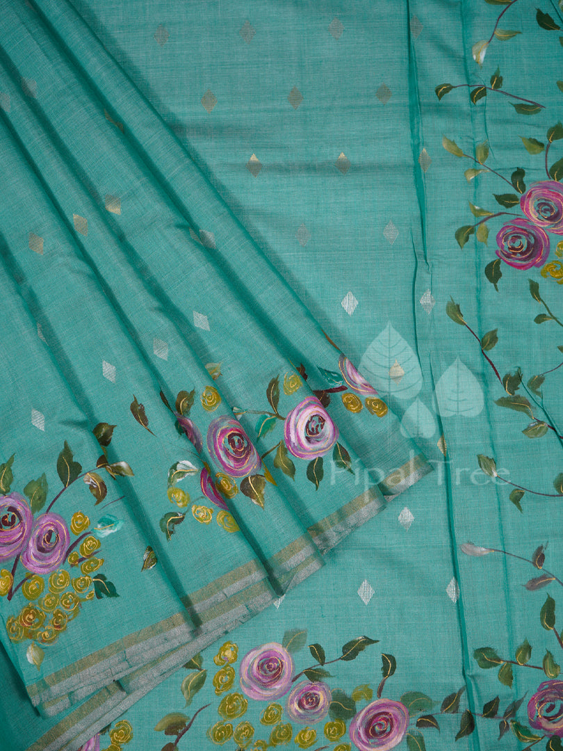 green moonga tussar hand painted