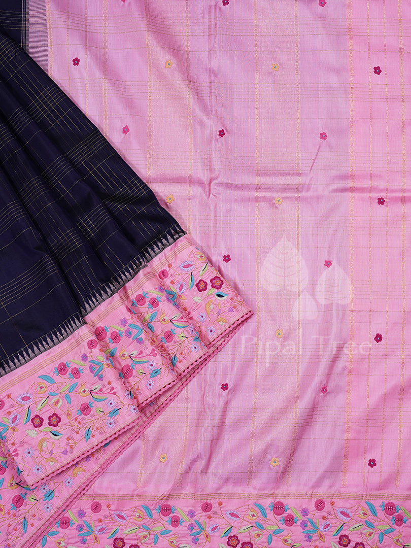 Navy Blue Pink Border Kanchi Embroidery
