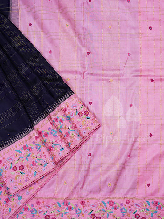 Navy Blue Pink Border Kanchi Embroidery
