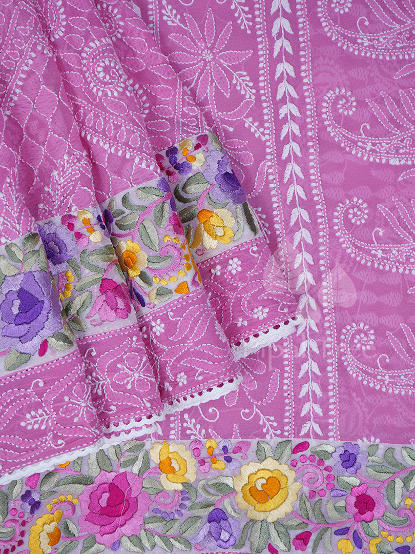 Pink Georgette Chikankari Parsi Embroidery