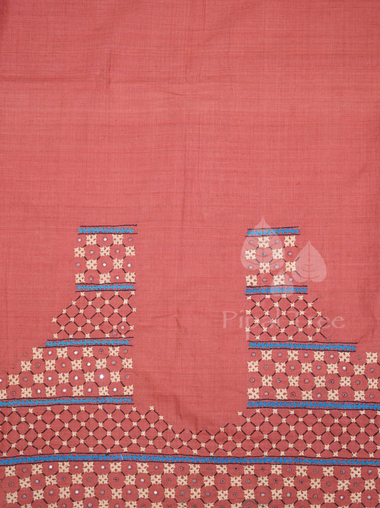 Natural Dyed Cotton Pink And Red Mirror Work Embroidery Fabric