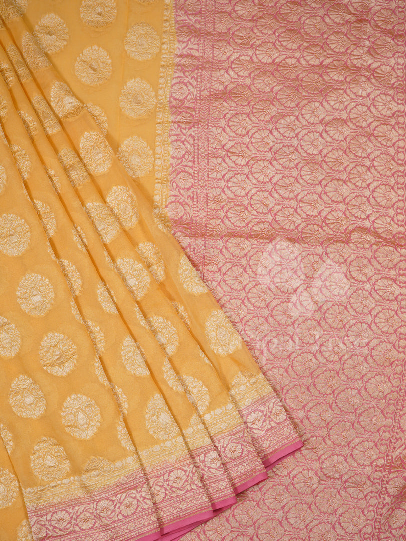 yellow banaras georgette with pink border