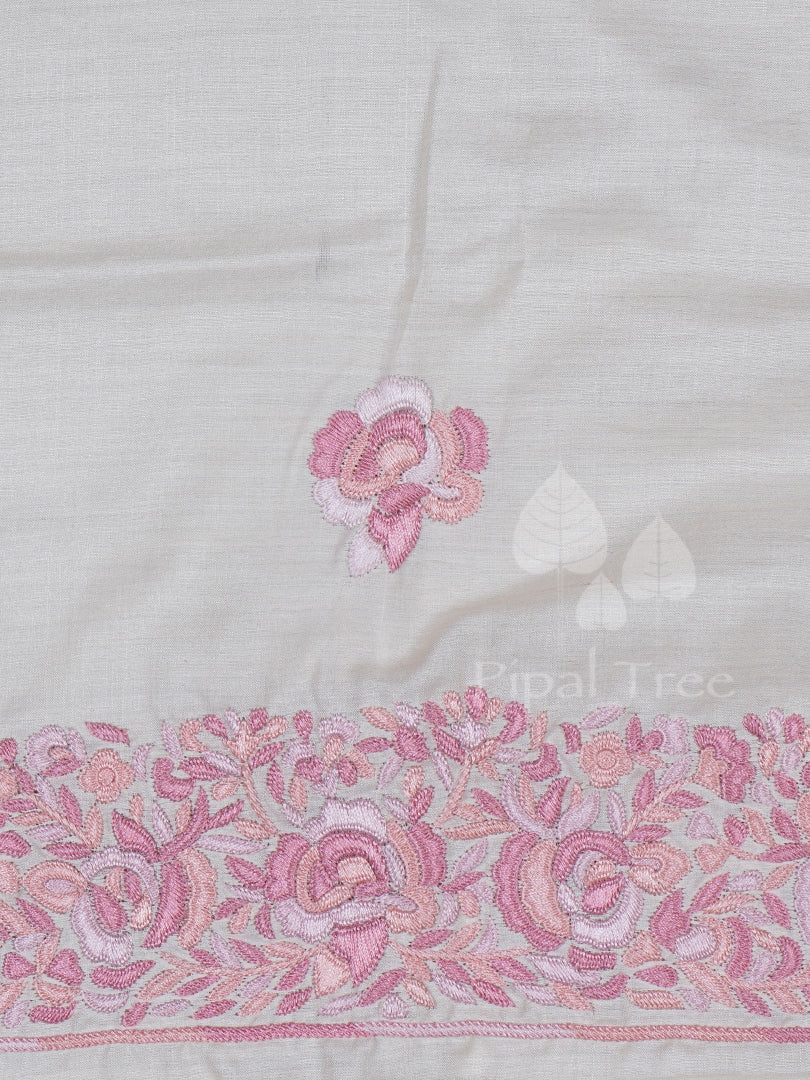 Cream Tussar Pink With Parsi Embroidery Fabric
