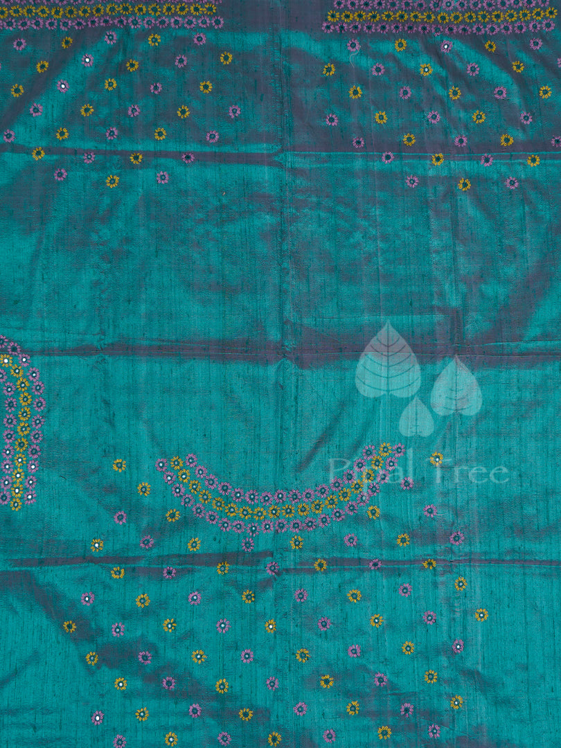 Blue Pink Double Shade Raw Silk With Embroidery Fabric