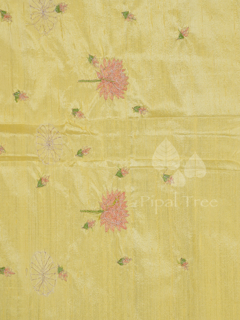 Lemon Yellow Raw Silk Lotus Embroidery Fabric
