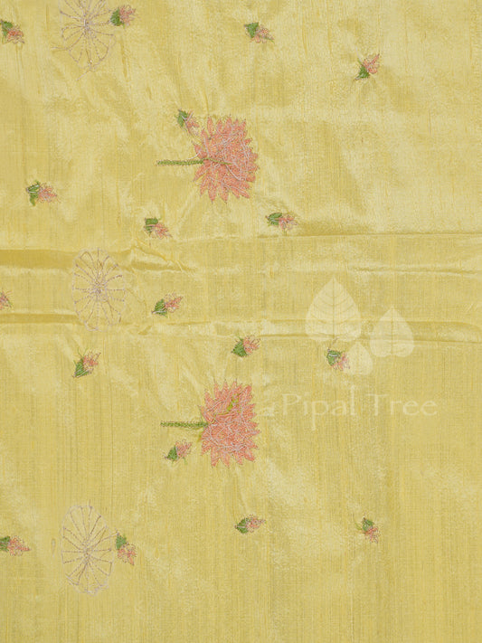Lemon Yellow Raw Silk Lotus Embroidery Fabric