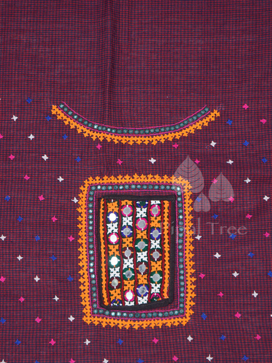 Blue Red Small Checks With Mirror Embroidery Fabric