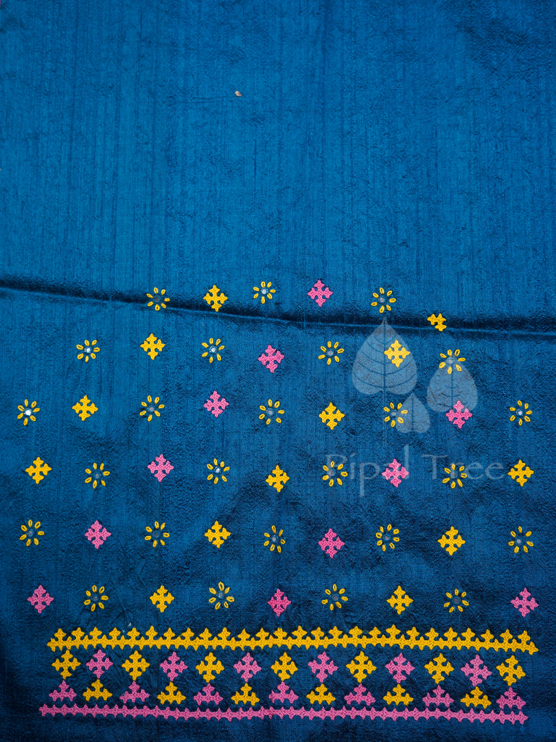 Blue Raw Silk Kutch Embroidery Fabric