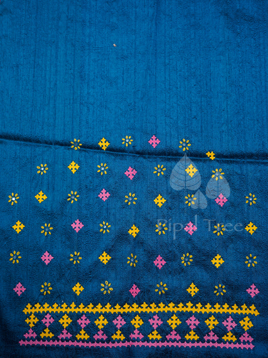 Blue Raw Silk Kutch Embroidery Fabric