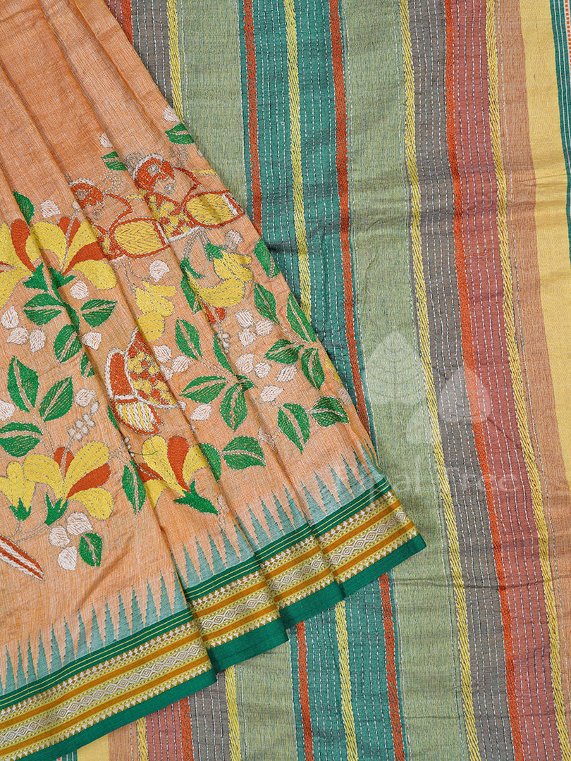Peach Vidarbha Tussar With Kantha Embroidery