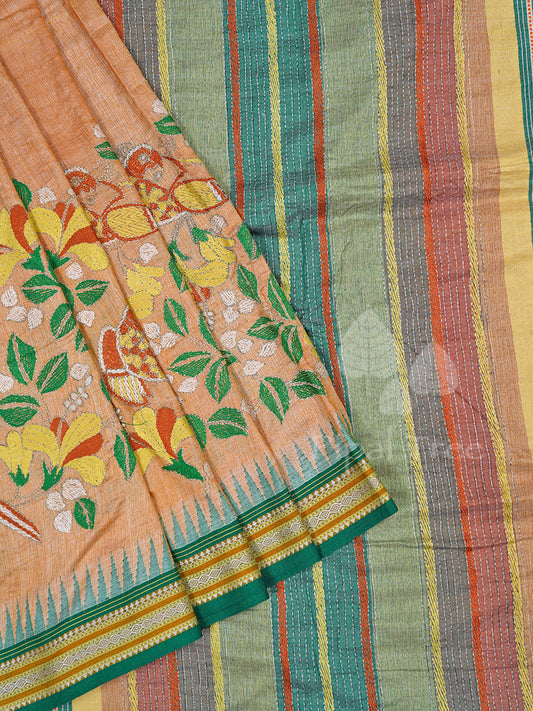 Peach Vidarbha Tussar With Kantha Embroidery