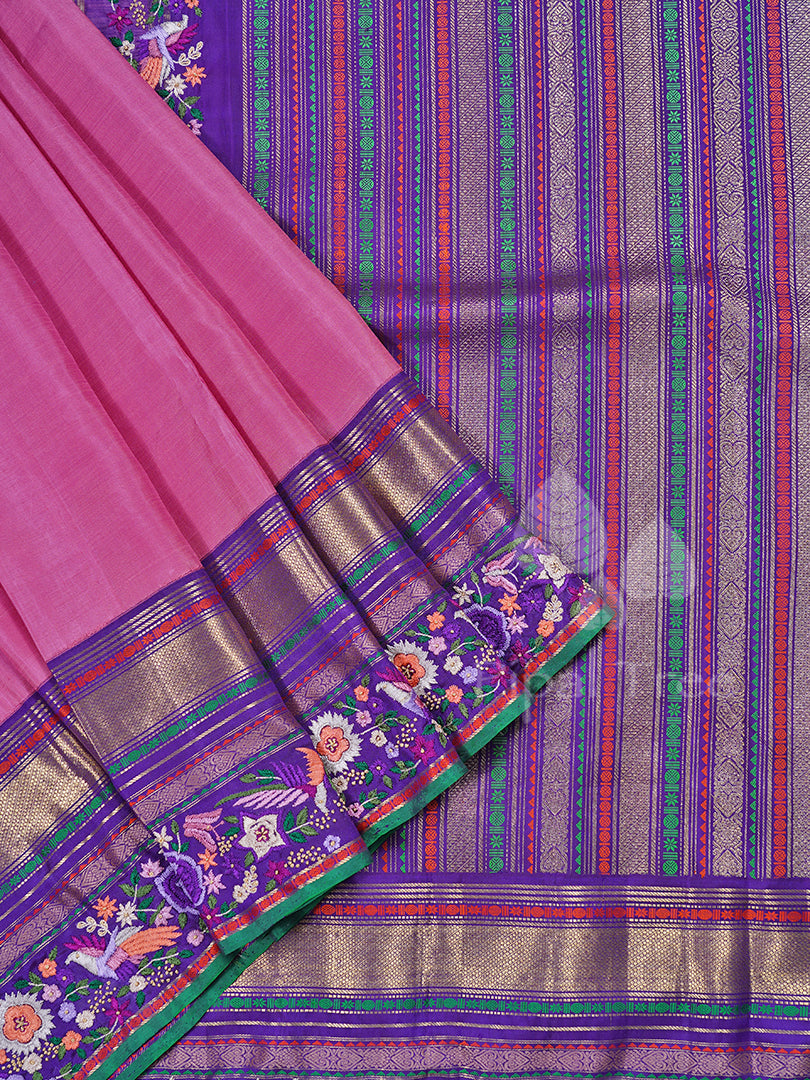 Pink Purple Border Parsi Embroidery