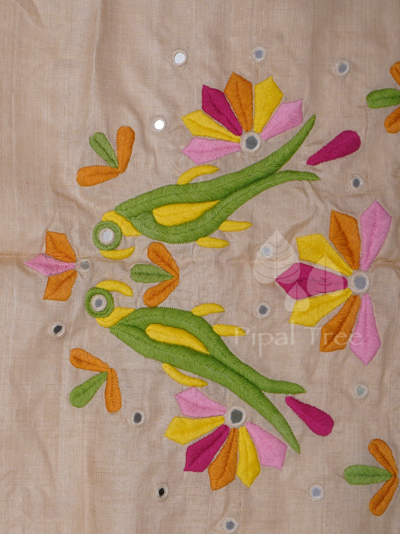 Beige Tussar Mirror And Bird Embroidery