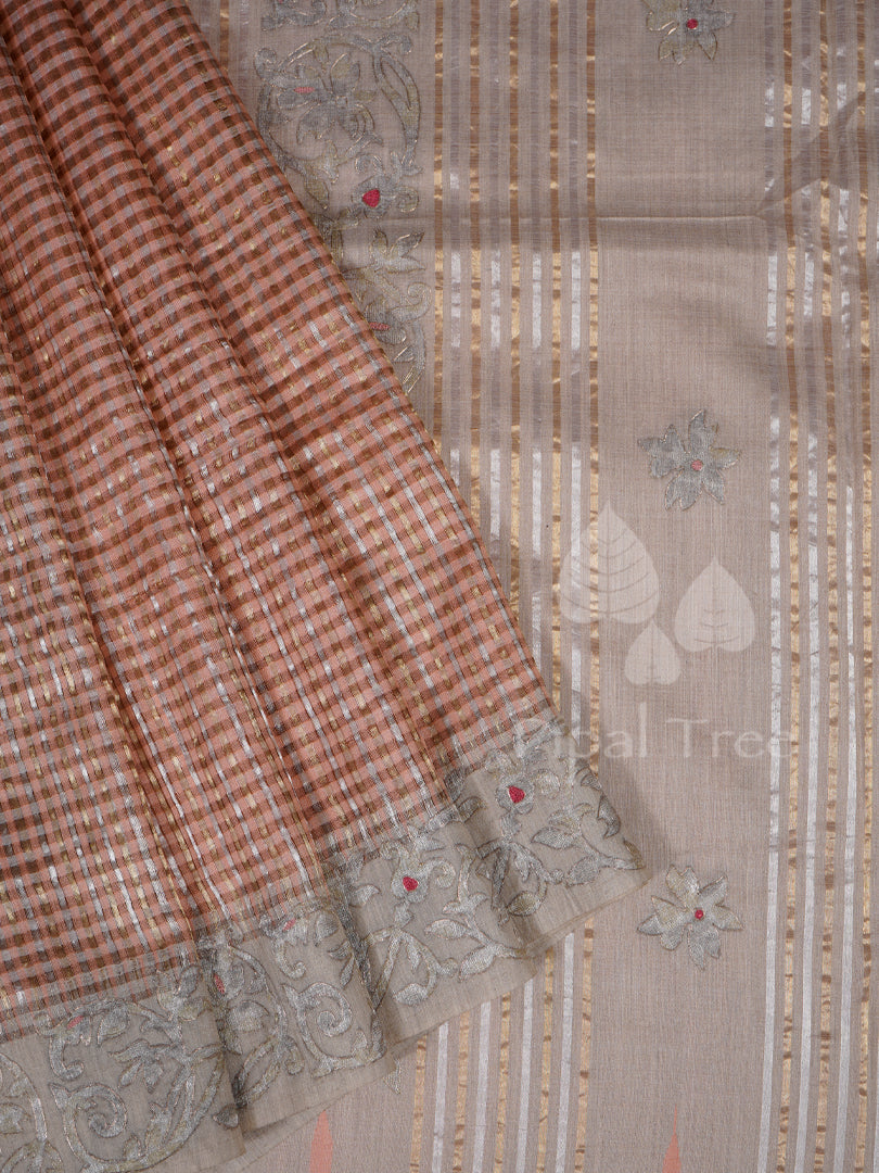 peach moonga tussar partly with app;ique embroidery