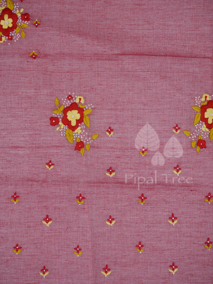 Pink Black Cotton Floral Embroidery Fabric