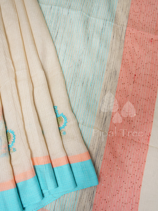 Creame Kota With Blue Border Hand Embroidered