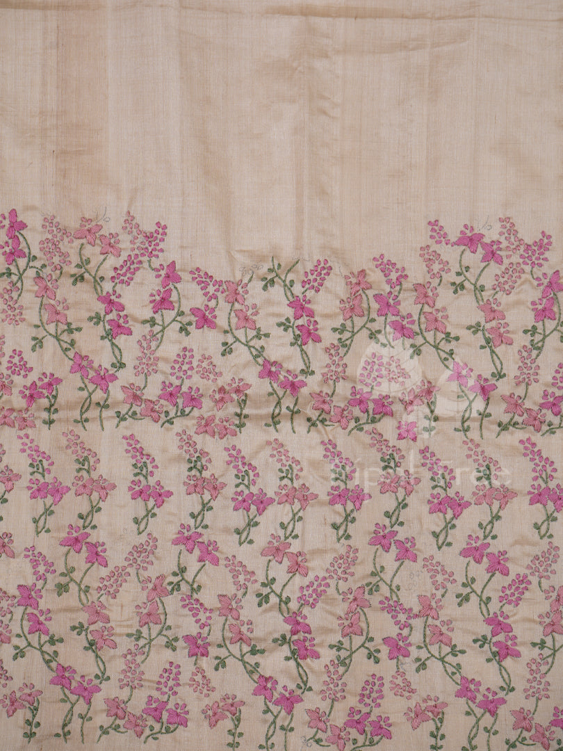 Beige Tussar All Over With Pink Embroidery