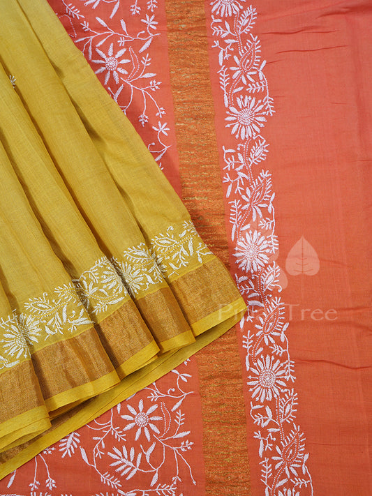 Yellow Orange Cotton Lucknowi Embroidery