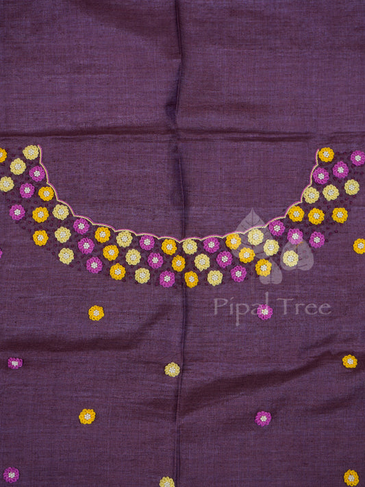 Purple Tussar Floral Embroidered Fabric