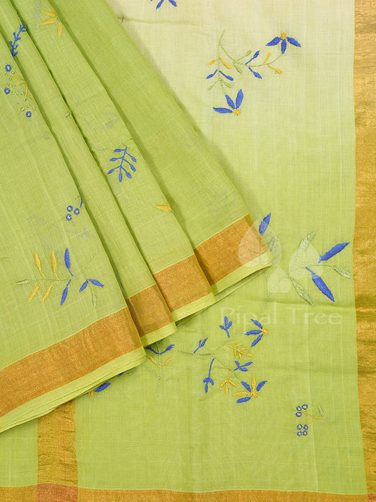 Yellow Green Shaded Cotton Luknowi Embroidery