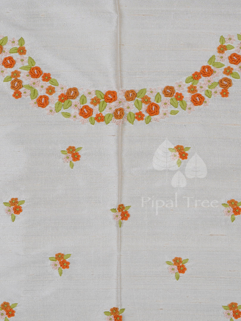 Cream Raw Silk With Orange Embroidery