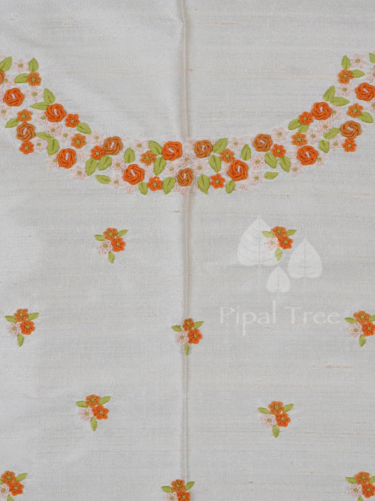 Cream Raw Silk With Orange Embroidery