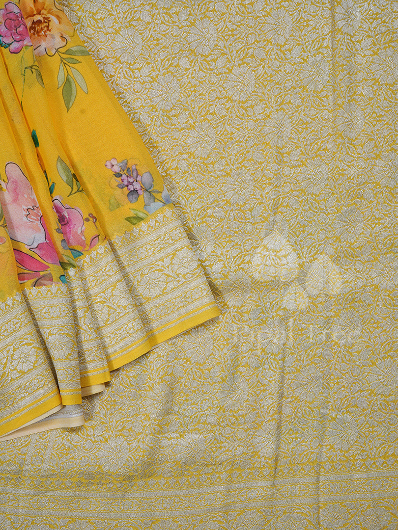 Yellow Banaras Georgette On Digital Print
