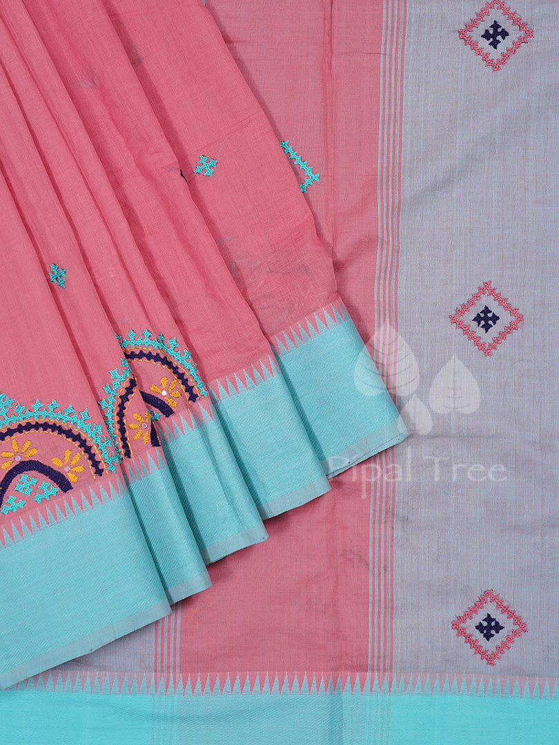 Peach Mangalagiri Cotton Embroidery