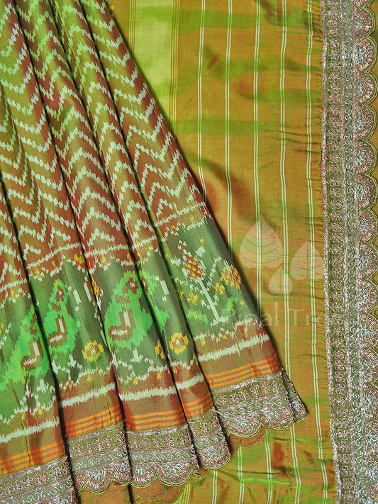 Green Semi Double Patola With Embroidery Border