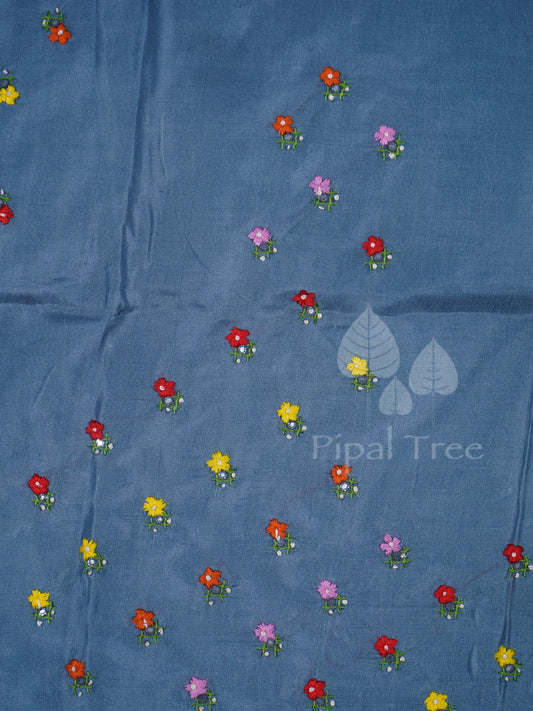 Sky Blue Silk Small Floral Embroidery Fabric