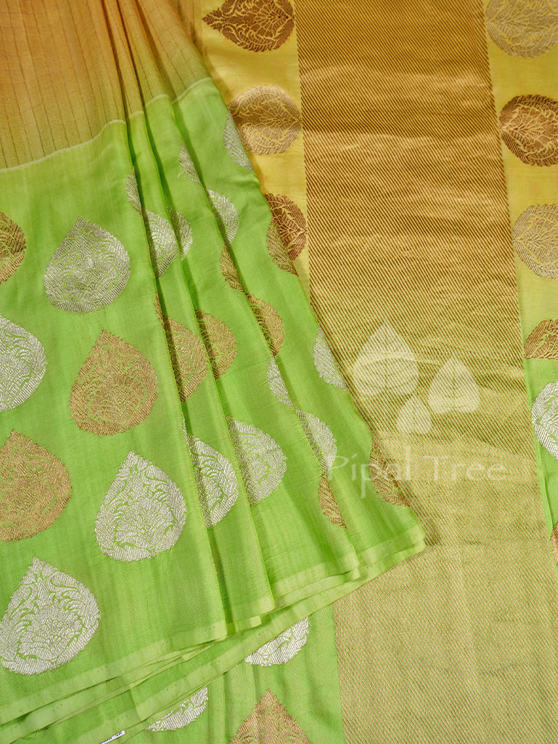 Yellow & Green Banaras Crepe Saree