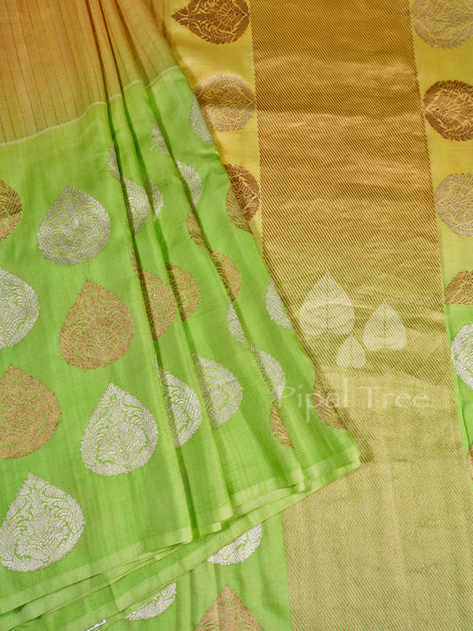 Yellow & Green Banaras Crepe Saree