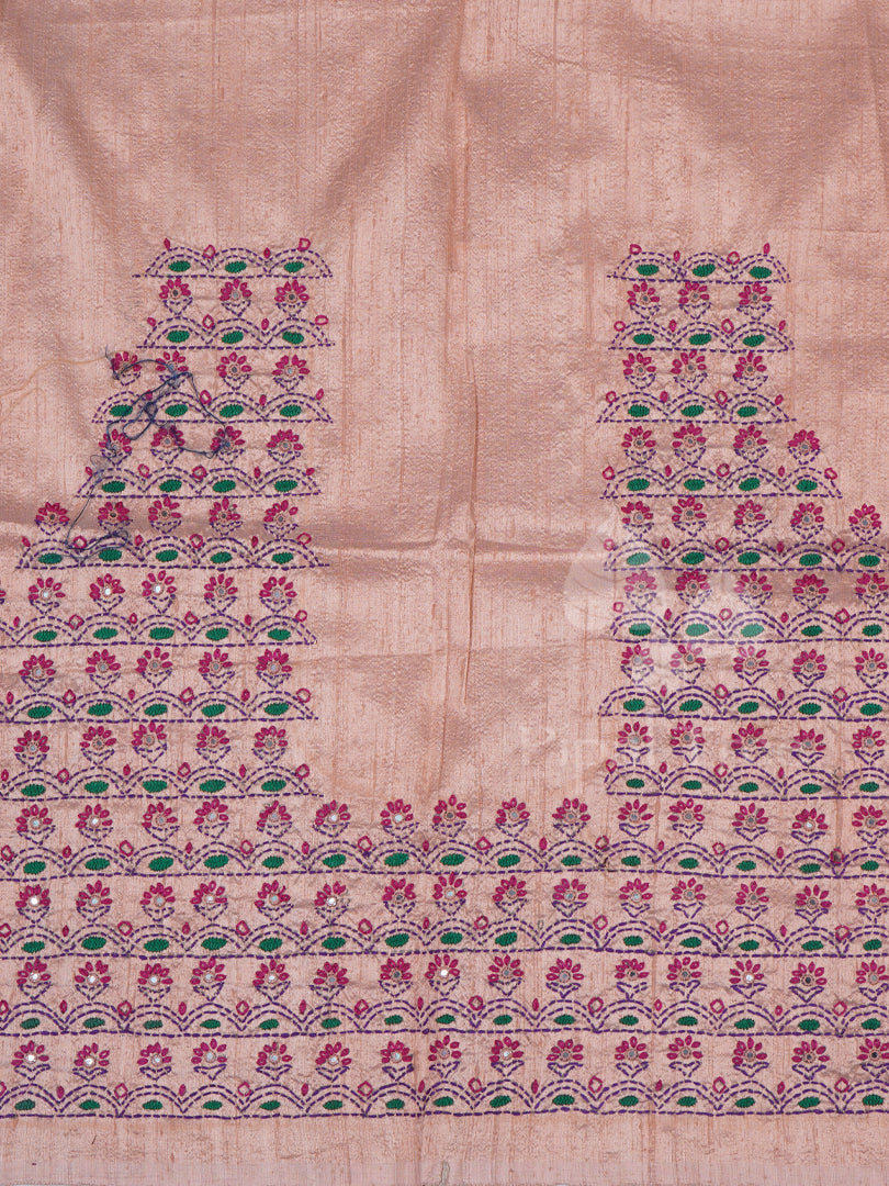 Peach Raw Silk With Mirror Work Fabrics