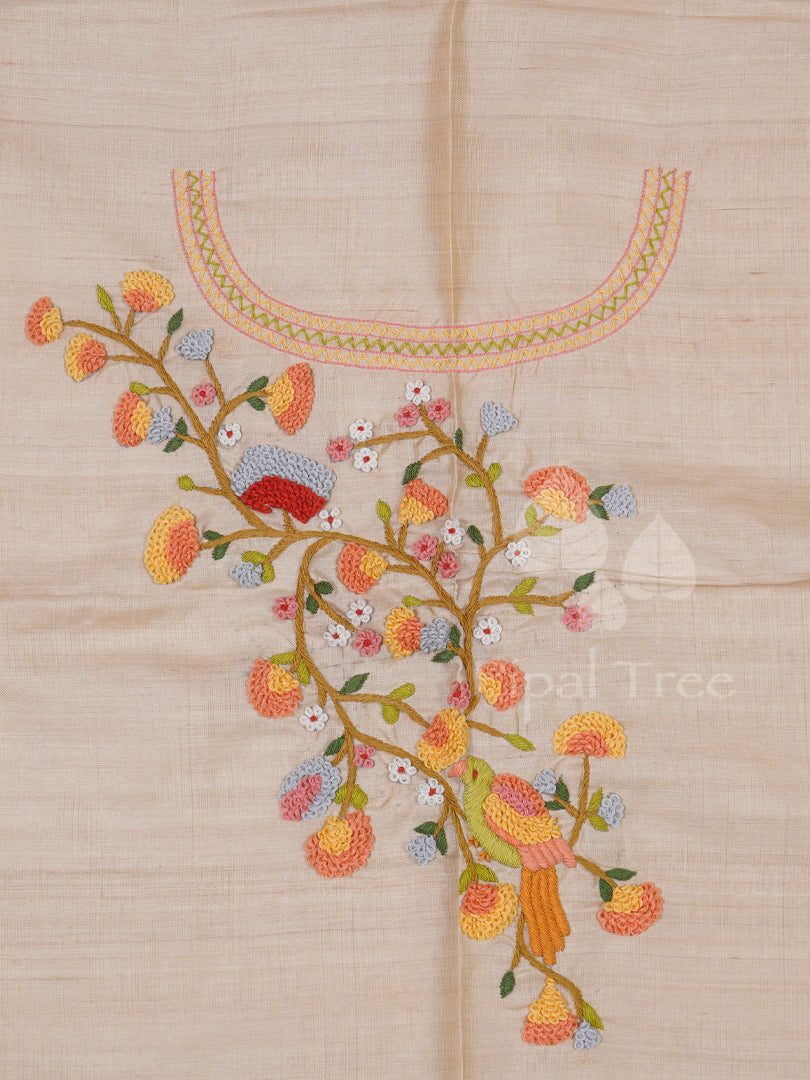 beige tussar bird embroidery fabric