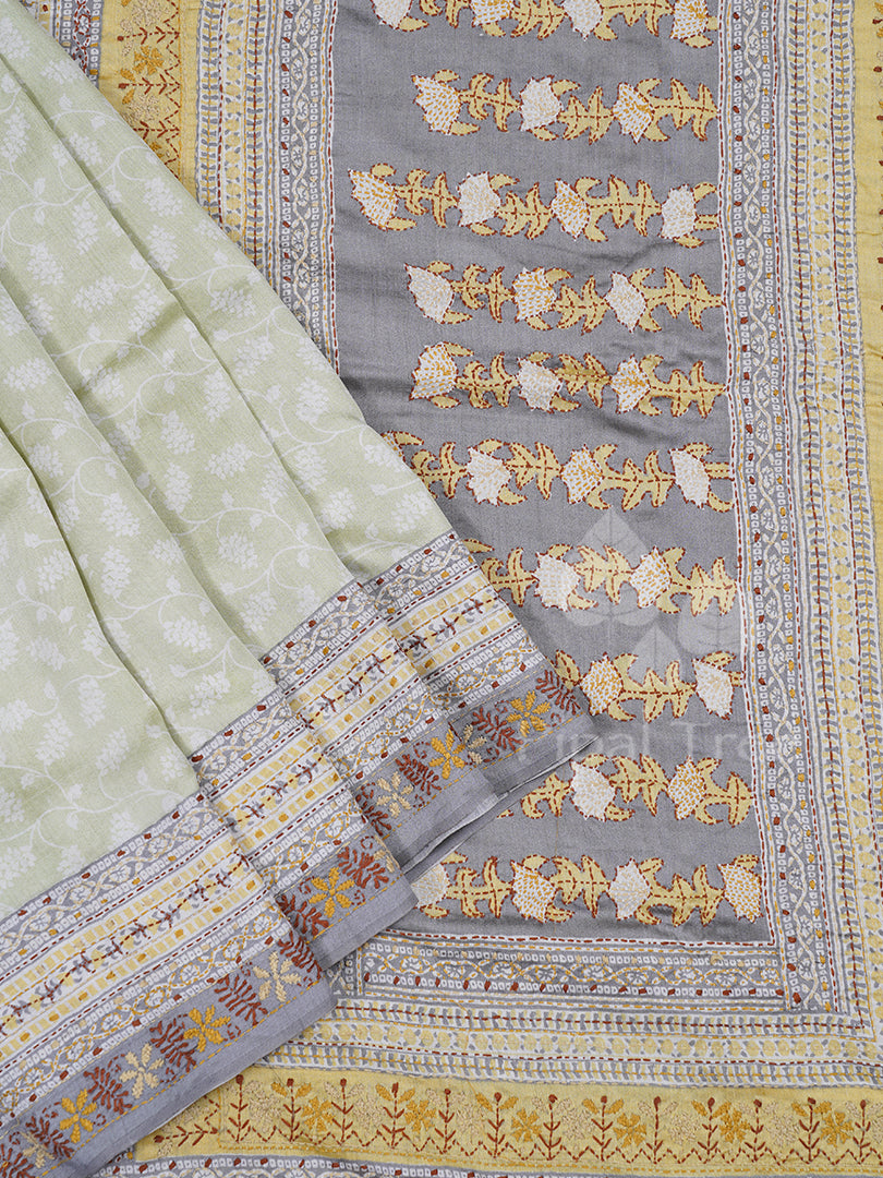 Pale Green Tussar Printed With Kantha Embroidery