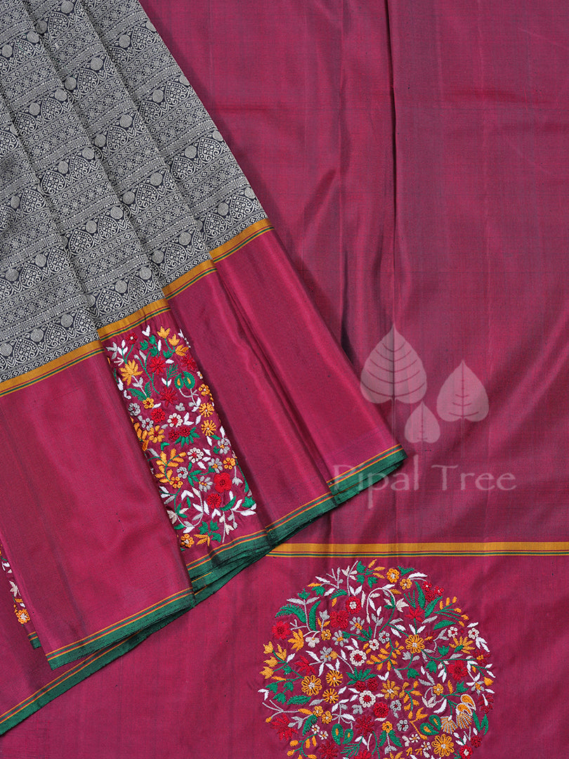 Grey Thread Work Kanchi Embroidery