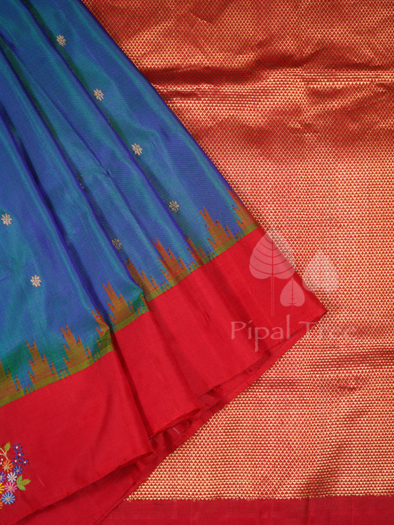 Blue Red Border Gadwal Hand Embroidered