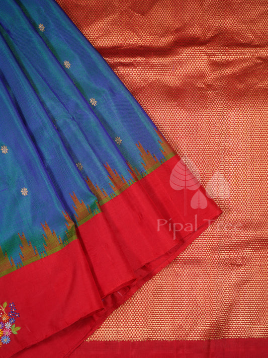 Blue Red Border Gadwal Hand Embroidered